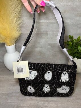 VIRAL/NWT SOLD OUT ONLINE Black Beaded Shoulder Bag with White Ghost Motif